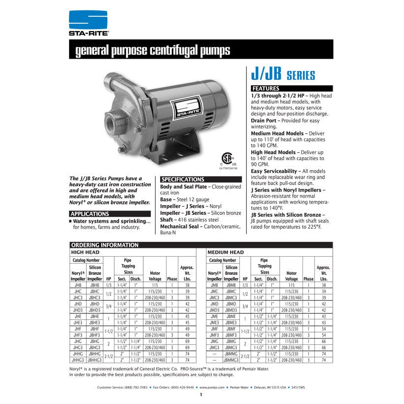 Sta-Rite JBME 1 1/2 H.P. 1/115-220V, Pressure Boosting Centrifugal Pump with a 1-1/4" discharge.